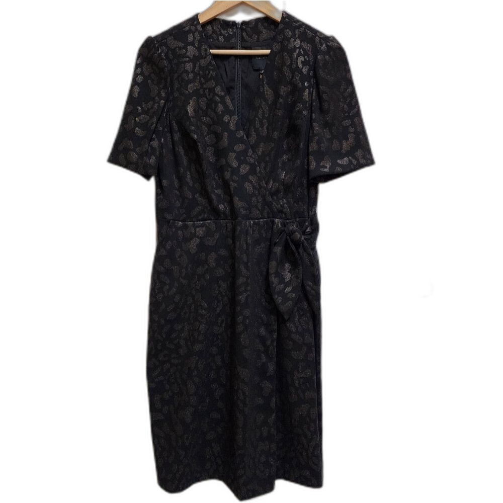 Alex Marie Black Metallic Leopard Print Zip Short Slv Wrap Dress 12 Office Party
